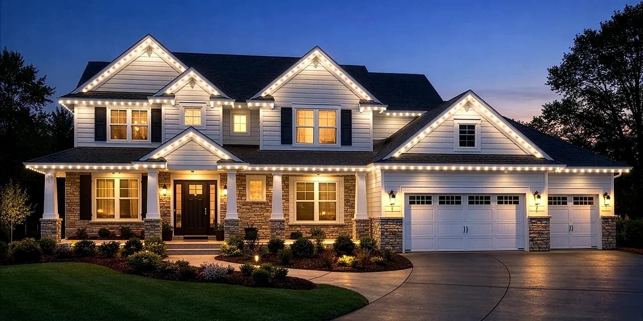 Warm white across three gables — permanent outdoor lighting installed by Buzz Lighting's crew